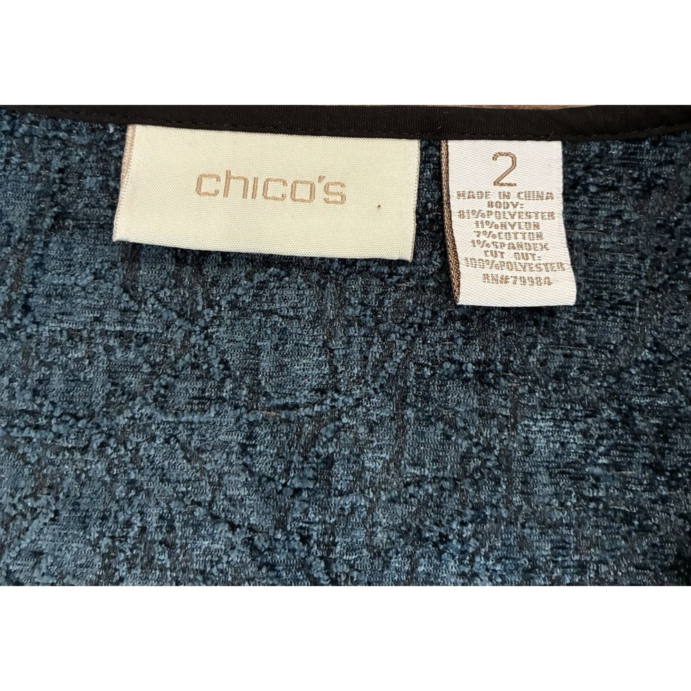 Chicos Size 2 Brushed Velvet Lace Boho Open Jacket Shirt Blue Long Sleeve - Picture 8 of 8